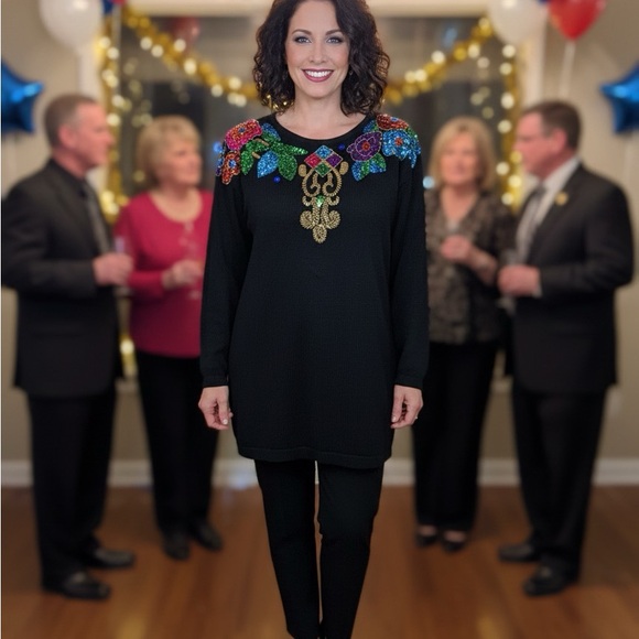 trimmings Sweaters - Vintage Black Tunic with Colorful Embellishments